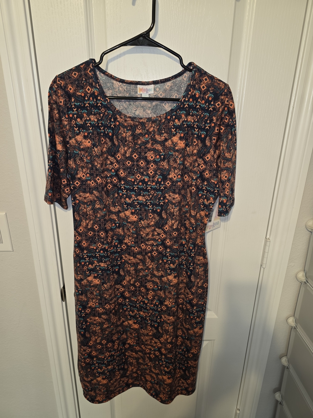 LuLaRoe Midi Dress in Burnt Orange, Black and Teal Geometric Print